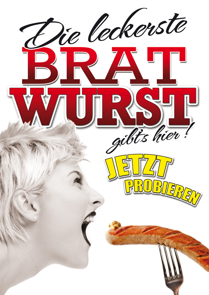 Plakat Bratwurst wetterfest Imbiss Pommes Pizza Kundenstopper DINA1 Folie PV 